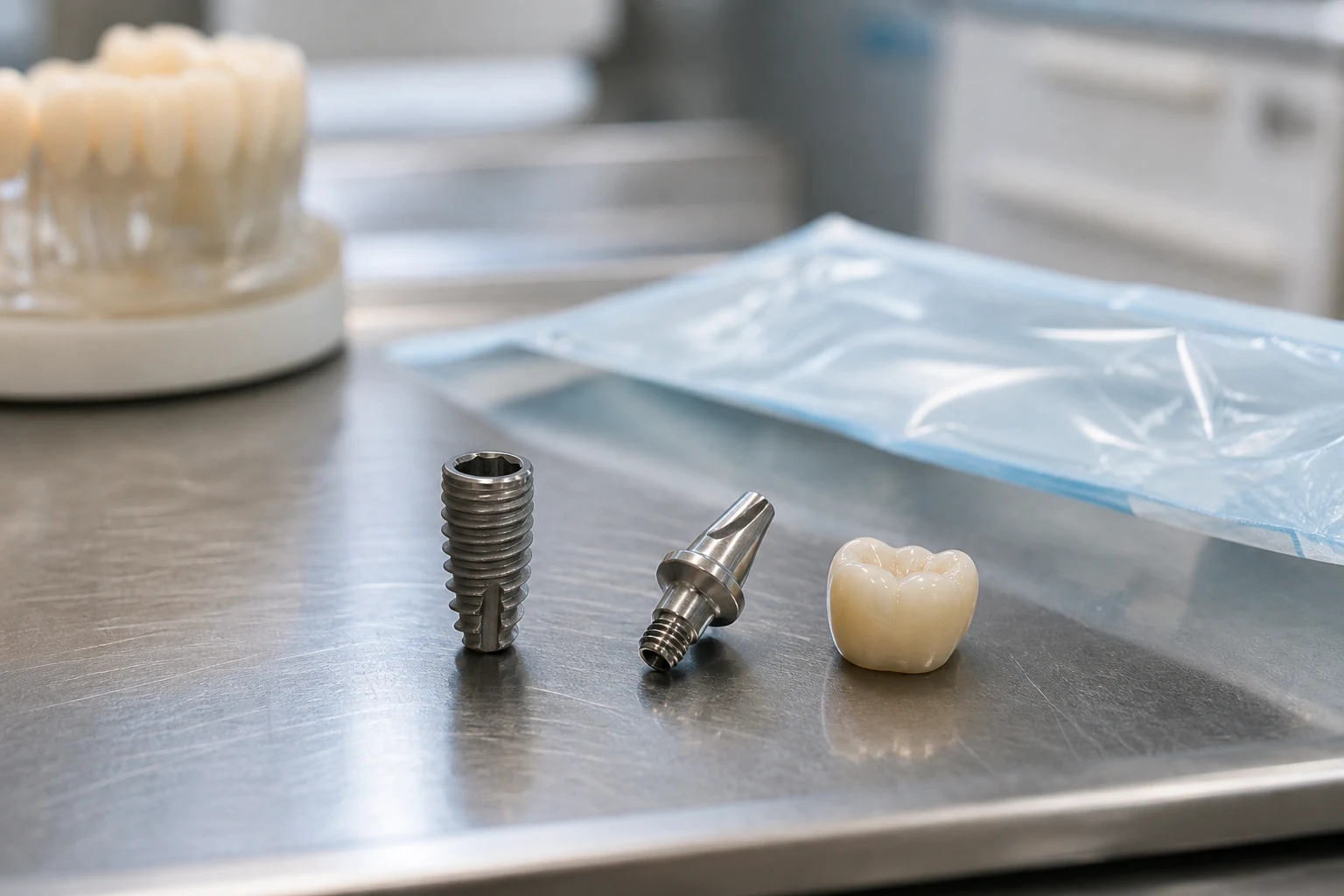 Photographic illustration of Dental implants equipment and planning context